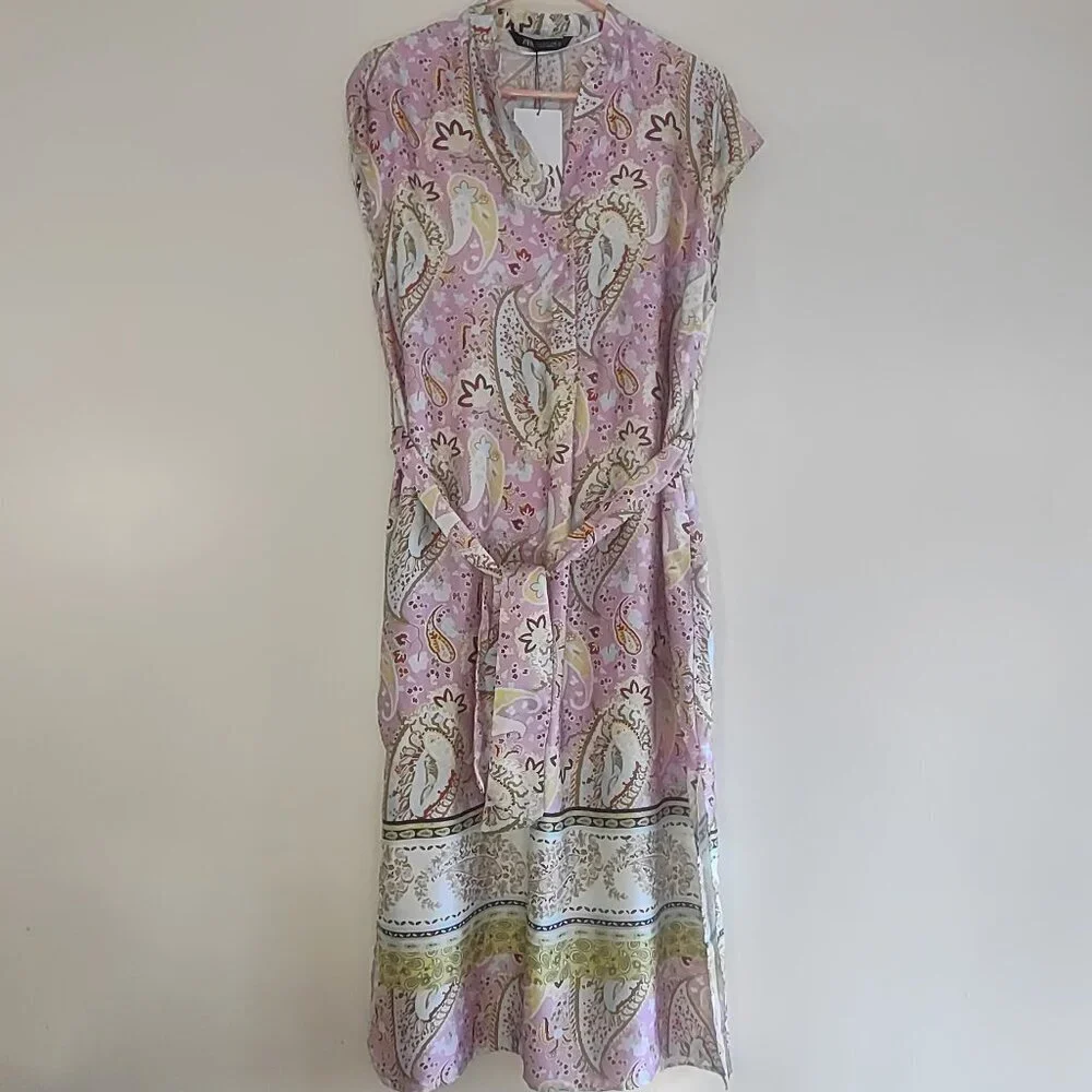 ZARA Floral Paisley Satin Kaftan Tunic Dress  Pink & Gold Women Small  Boho  NWT - Picture 3 of 14
